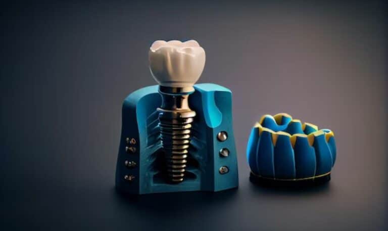 Dental model with tooth and blue anatomical jaw model on dark background.