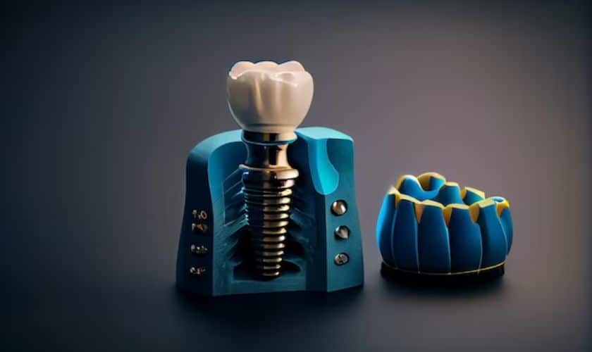 Dental model with tooth and blue anatomical jaw model on dark background.